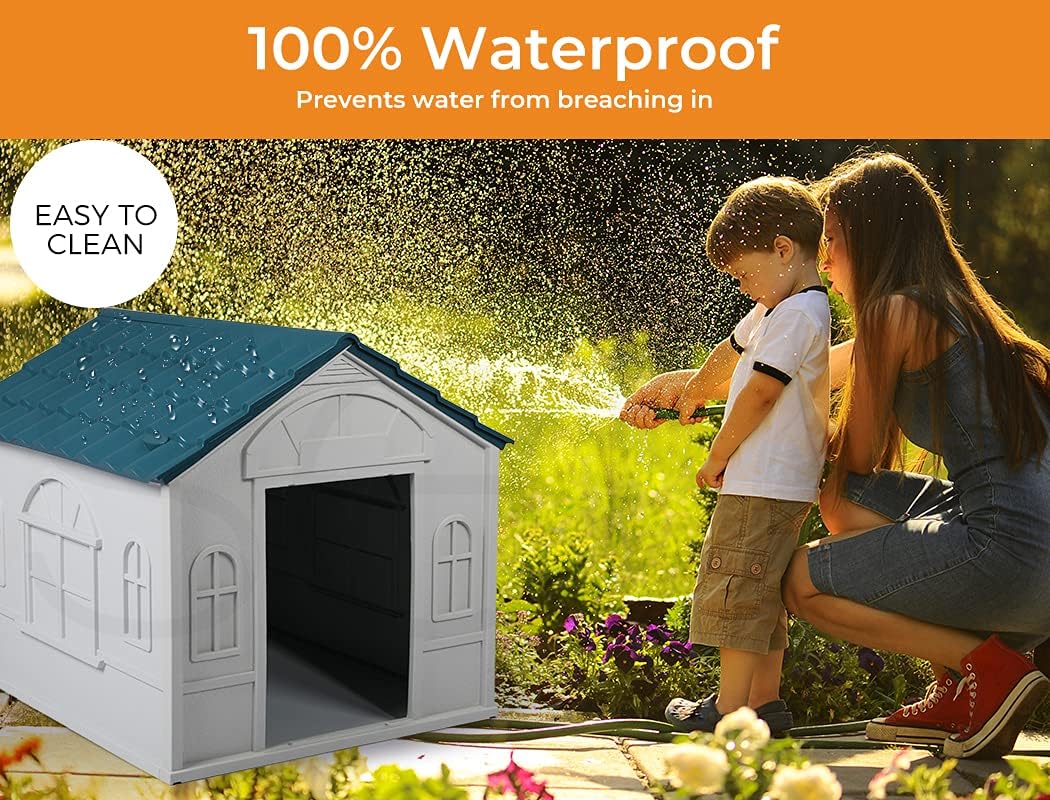 A white outdoor playhouse with a teal roof shown next to a family in a garden watering plants, with text overlays reading '100% Waterproof' and 'Easy to Clean' at Pet Servo