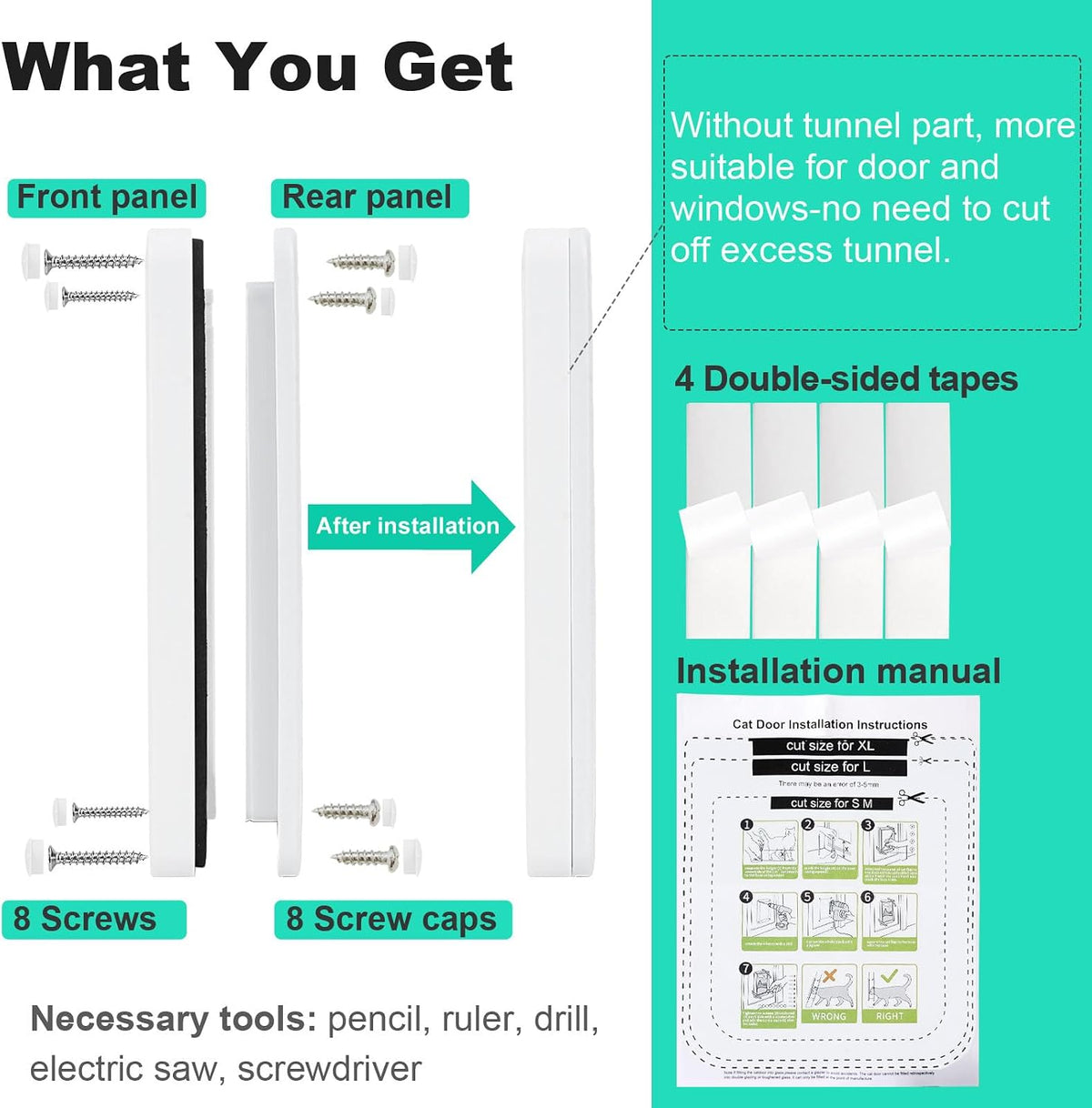 Cat door installation kit with parts and tools listed on a green background