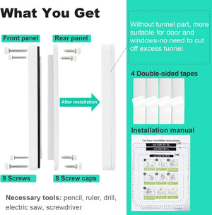 Cat door installation kit with parts and tools listed on a green background