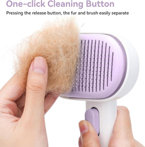 Pet grooming brush with one-click cleaning button being used to remove fur at Pet Servo