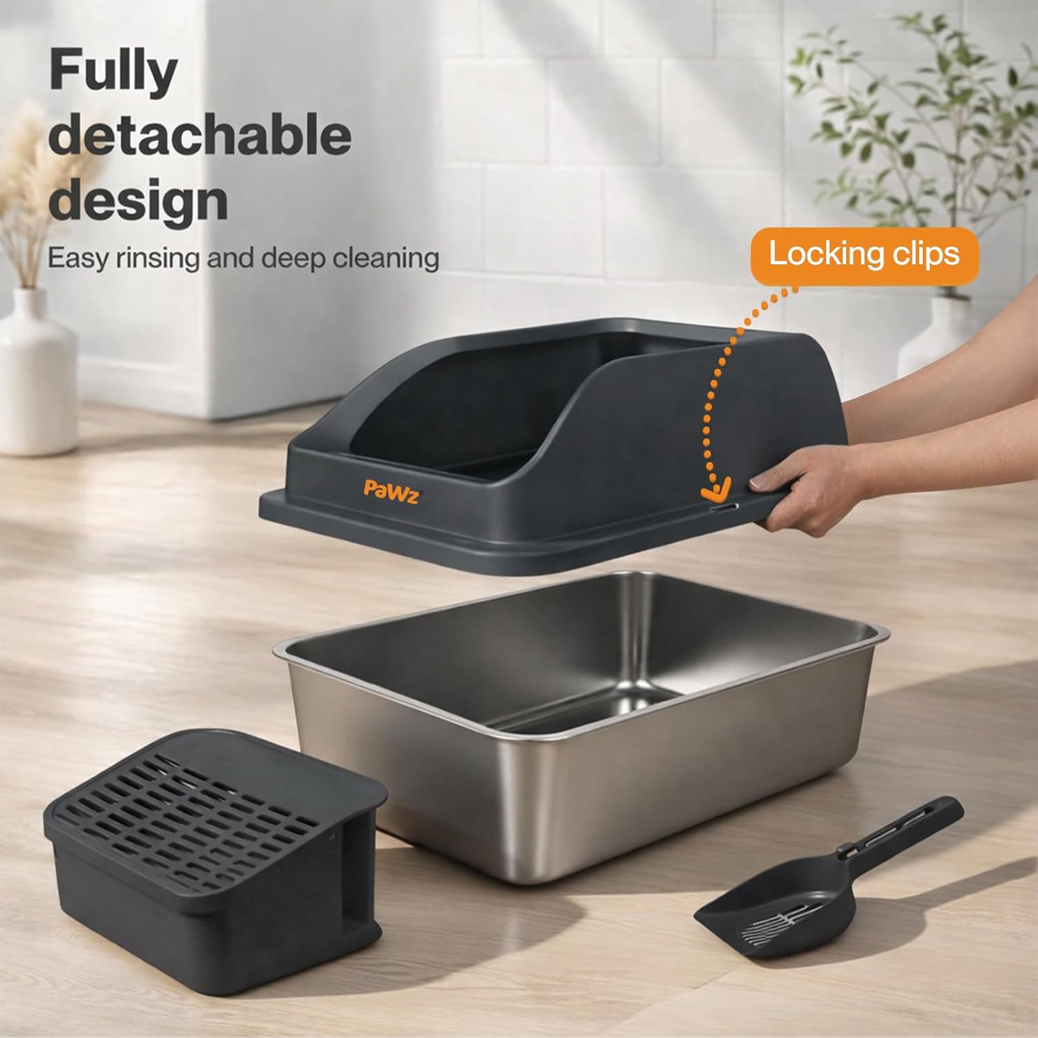 Pawz - 74.4L Anti-Urine Leakage Extra-Large Stainless-Steel Litter Box with Lid for Big Cats at Pet Servo