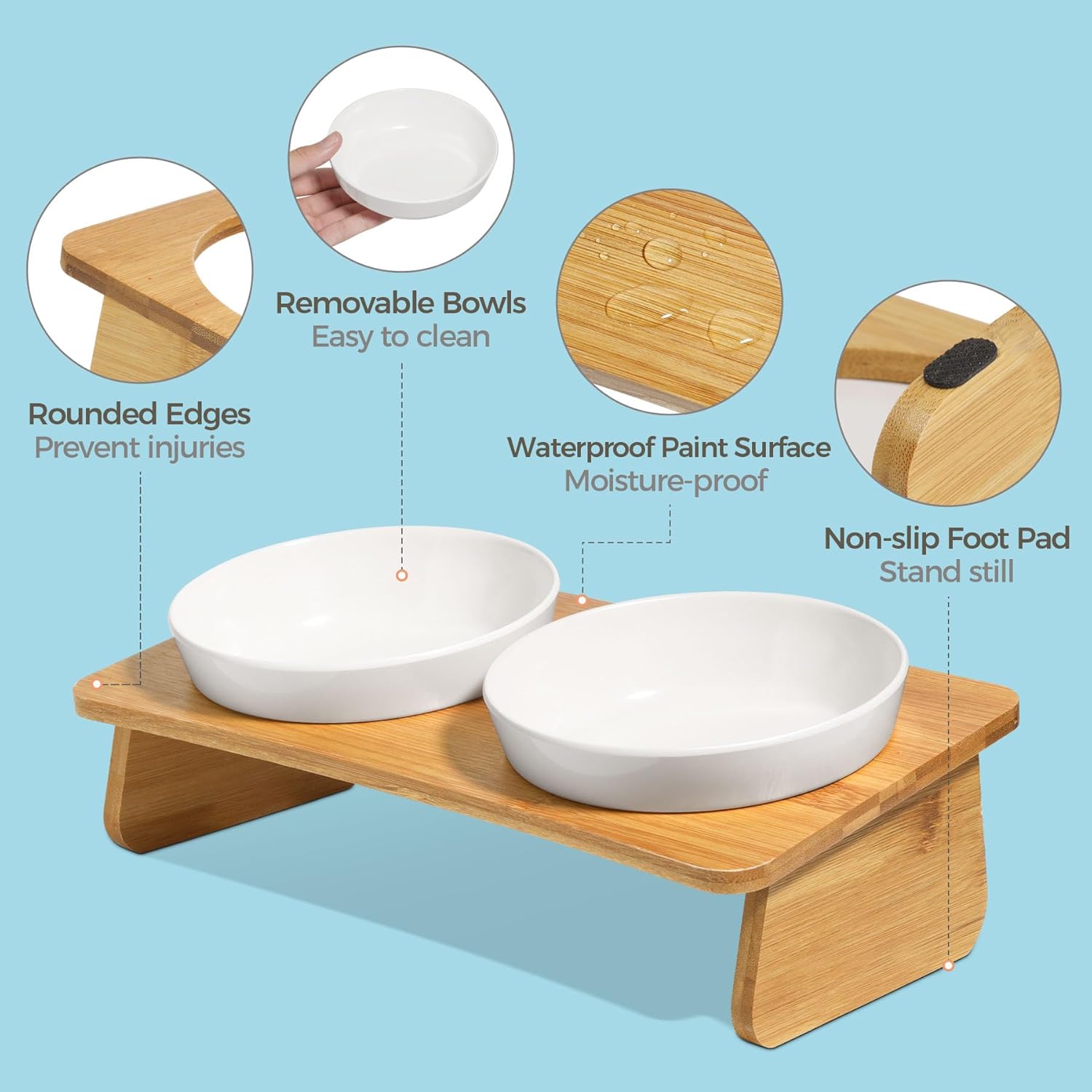 Wooden pet feeder with two bowls, featuring rounded edges, removable bowls, waterproof paint surface, and non-slip foot pad on a blue background at Pet Servo