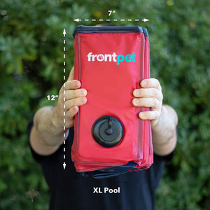 Red pool with 'frontpet' branding held by a person, showing dimensions against a green background at Pet Servo