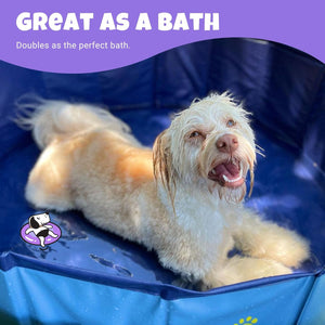 Dog lying in a blue inflatable bath with text 'Great as a Bath' on a purple background at Pet Servo