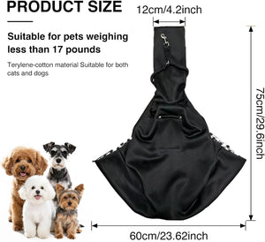 Black pet sling with measurements and compatibility details for small pets at Pet Servo