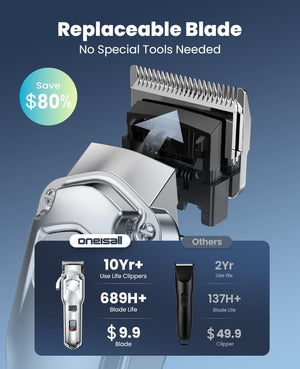 Hair clipper with replaceable blade on a blue gradient background, highlighting cost savings and product features at Pet Servo