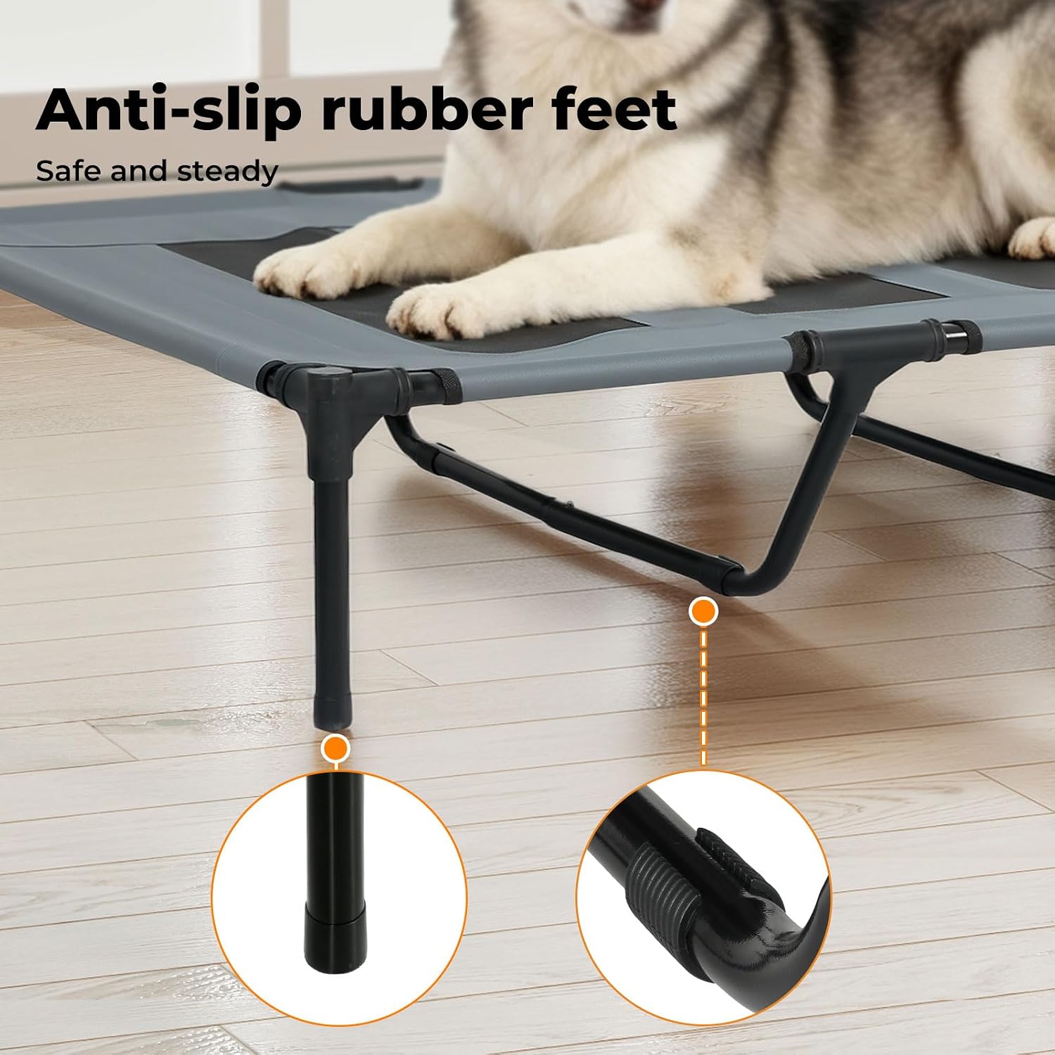 A gray elevated pet bed with a dog lying on it, shown on a light wood floor. The image includes text reading 'Anti-slip rubber feet' and two circular close-up callouts highlighting the black rubber feet and joint hardware.