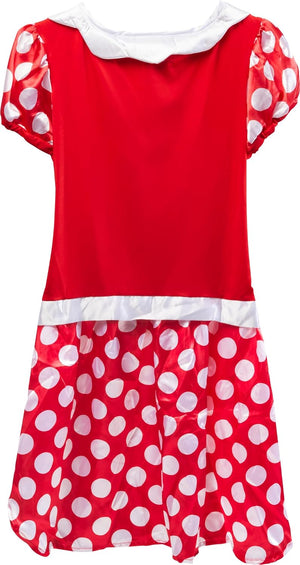 A red and white polka dot dress costume with a solid red bodice, white collar, and a flared skirt covered in large white polka dots on a red background at Pet Servo