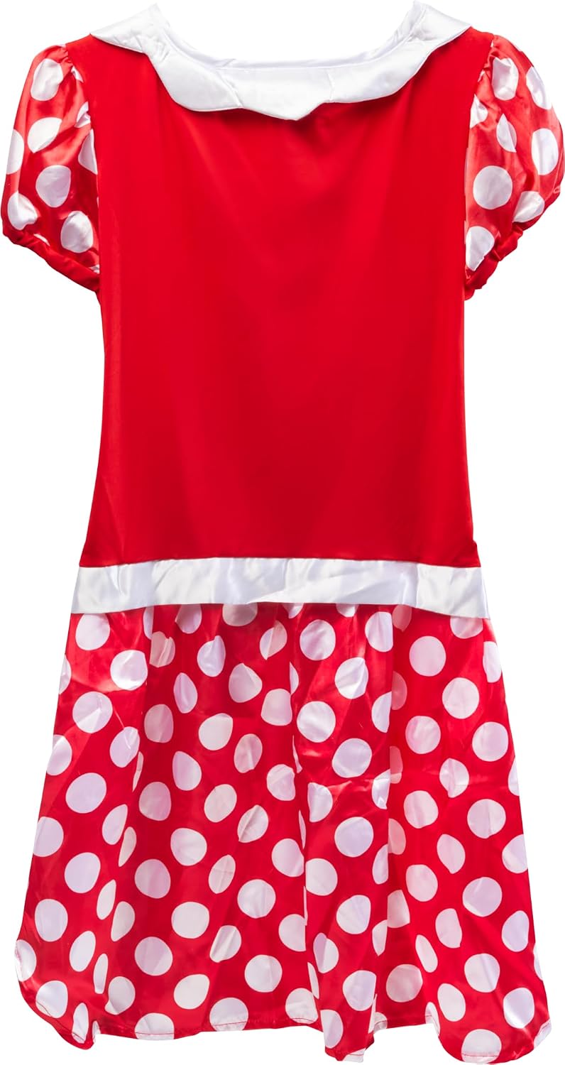 A red and white polka dot dress costume with a solid red bodice, white collar, and a flared skirt covered in large white polka dots on a red background at Pet Servo