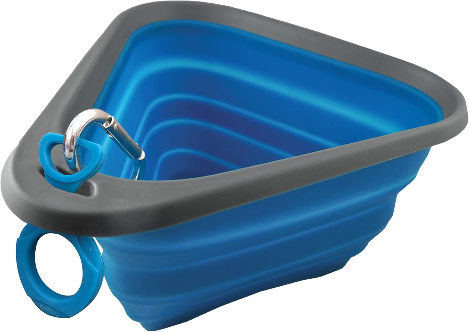 Collapsible blue pet bowl with gray handle on a white background at Pet Servo