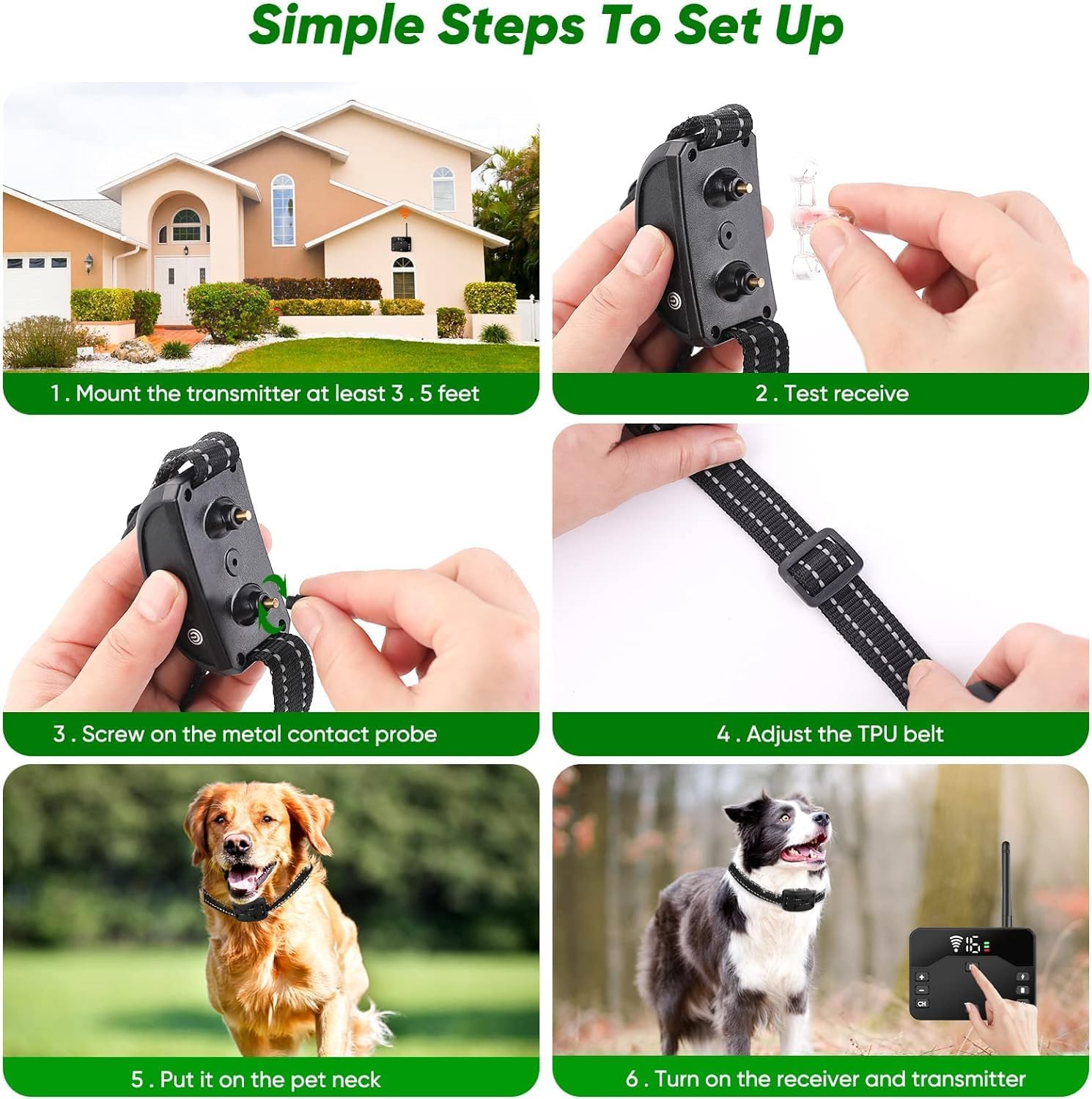 Step-by-step guide on setting up a dog collar with images of hands and dogs at Pet Servo