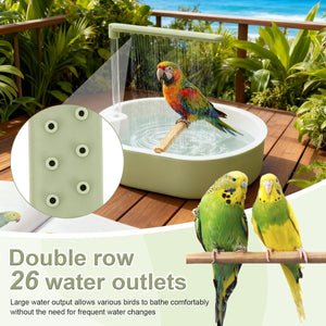 Bird bath with multiple water outlets and parrots enjoying the water, set against a tropical background at Pet Servo