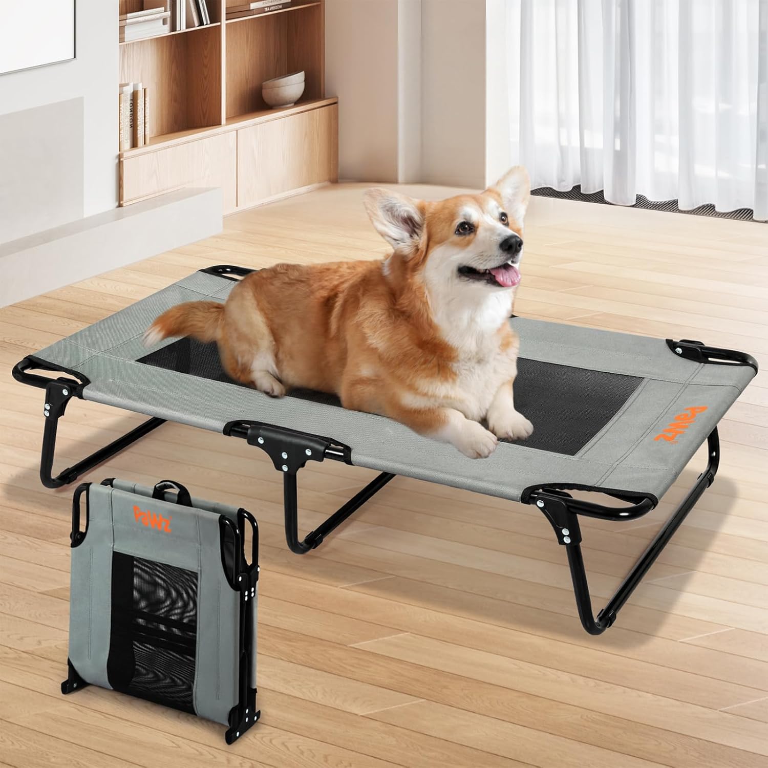 Dog lying on a portable pet bed with a carrying case in a room at Pet Servo