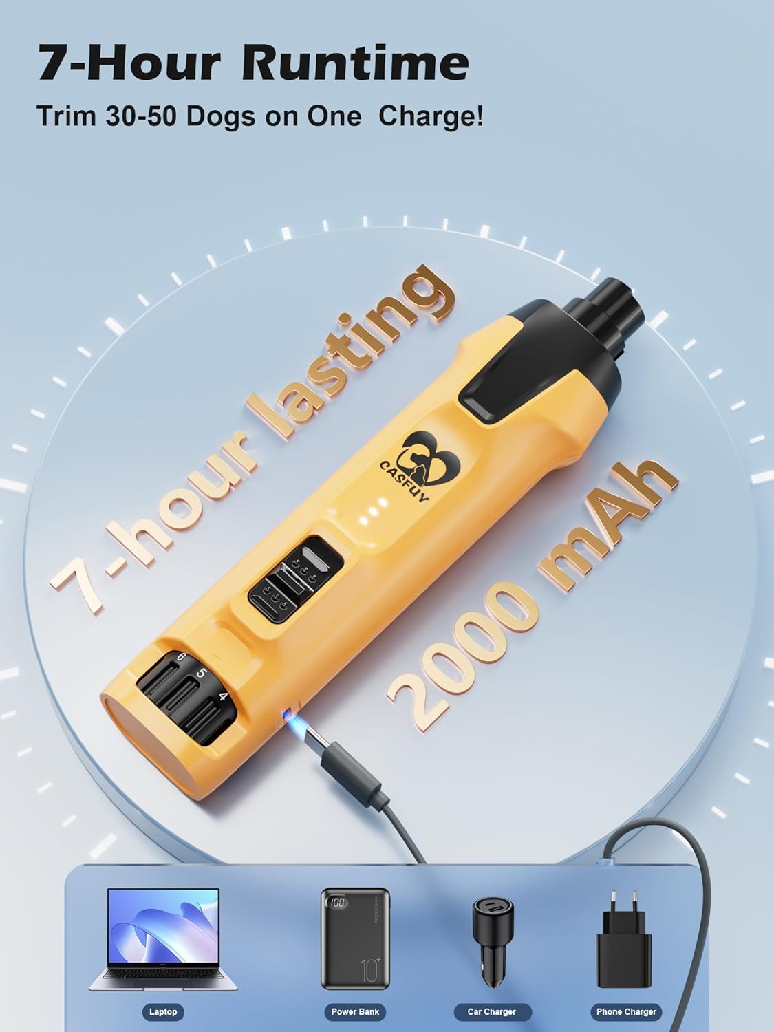 Yellow grooming tool with charging capabilities on a light blue background at Pet Servo