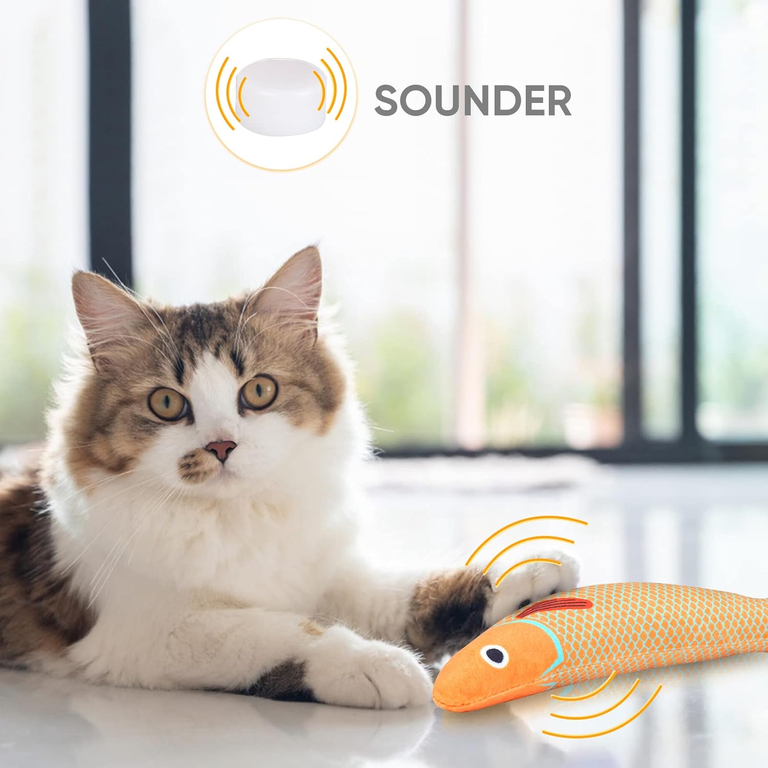 Cat playing with a fish-shaped toy, with 'SOUNDER' branding in the corner at Pet Servo