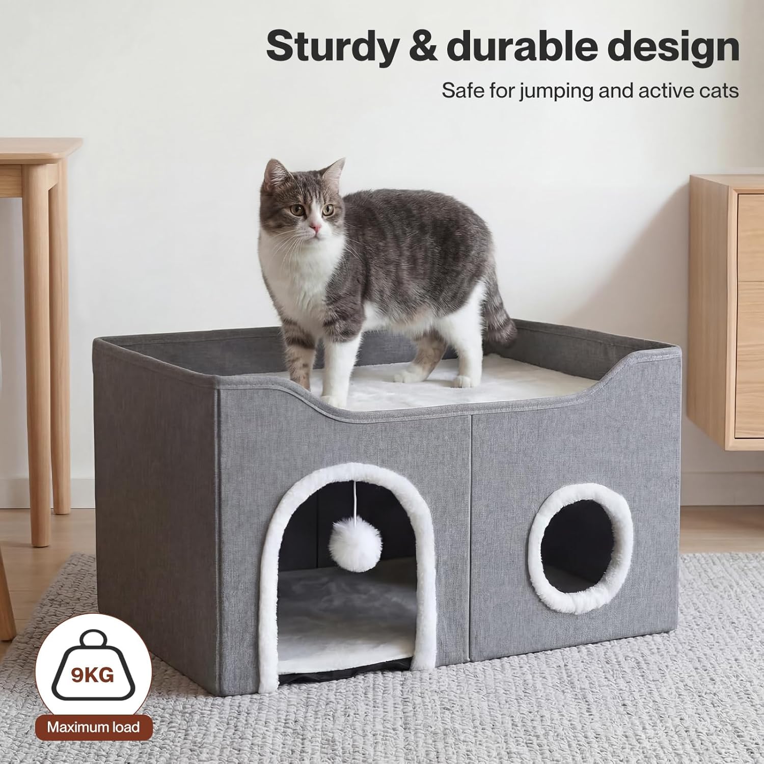 Pawz Large Enclosed Bed with Scratch Pad House for Indoor Cats, Grey at Pet Servo