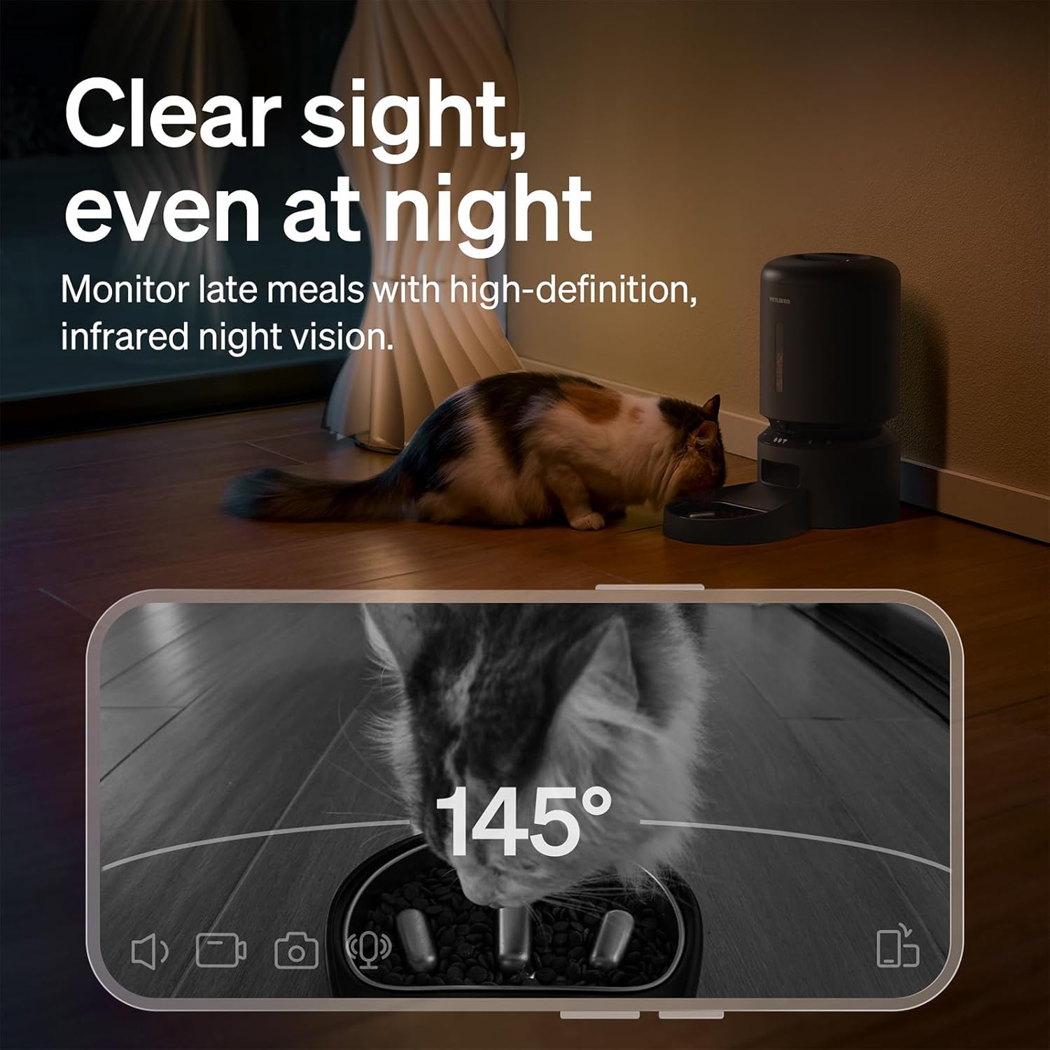 Cat eating from a bowl with a camera displaying the view, text about night vision, and a blurred background.
