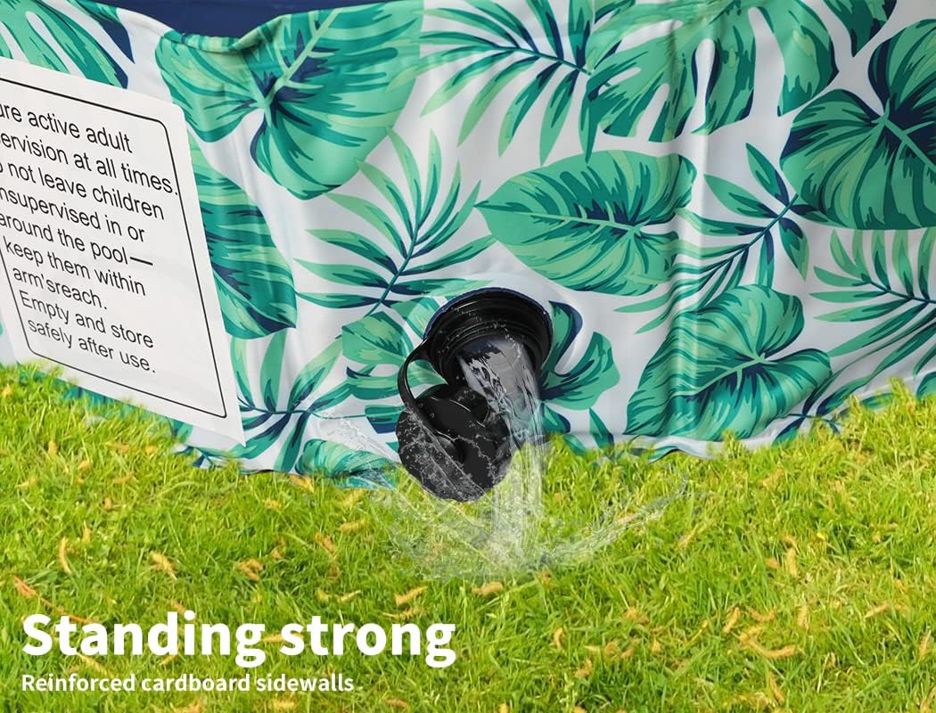 Tropical leaf-patterned inflatable pool with a black pool toy on grass at Pet Servo