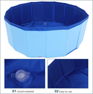 Blue octagonal pool with close-up insets showing material quality and ease of use on a white background at Pet Servo