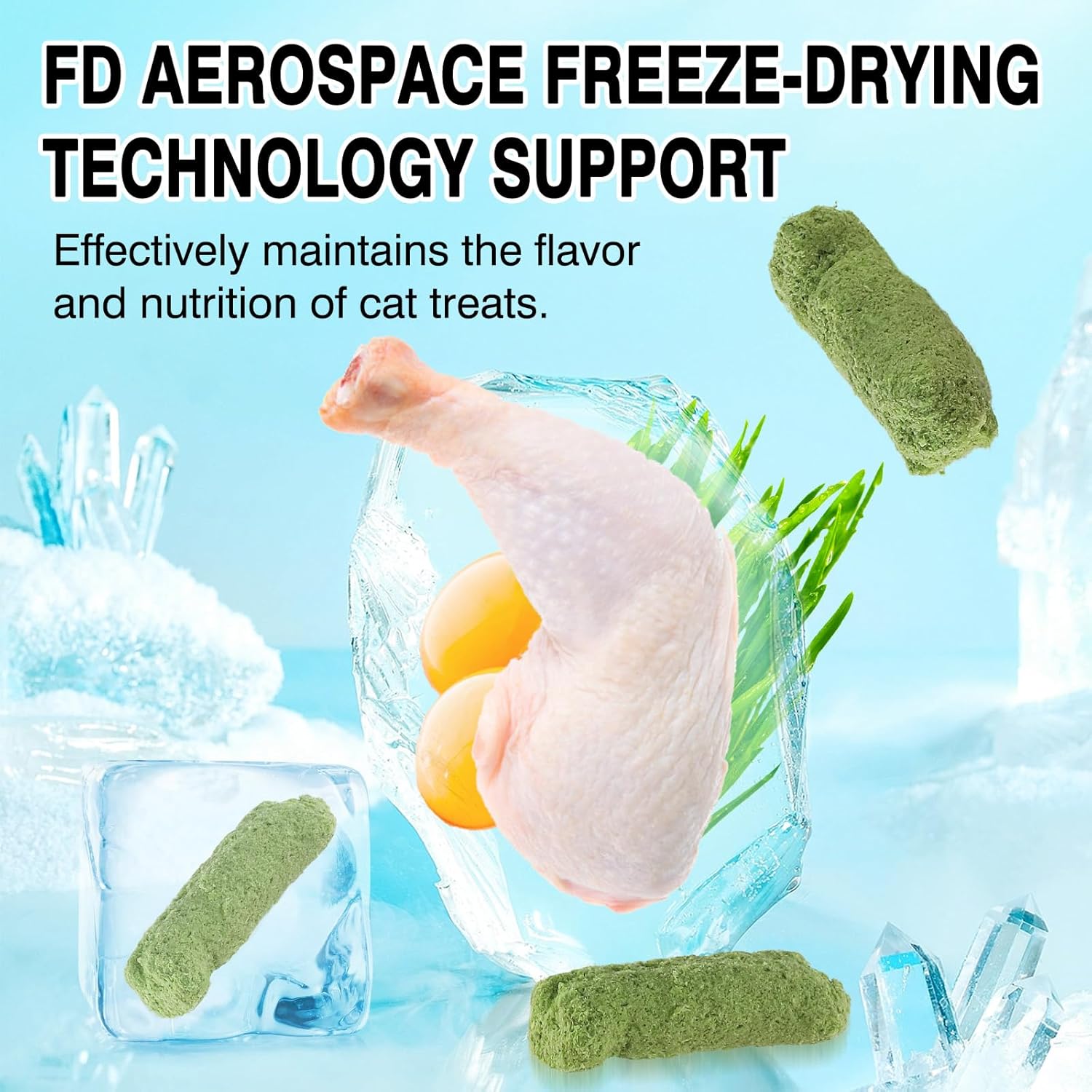 Cat treats with FD Aerospace freeze-drying technology text on a blue background at Pet Servo