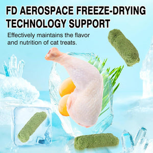 Cat treats with FD Aerospace freeze-drying technology text on a blue background at Pet Servo