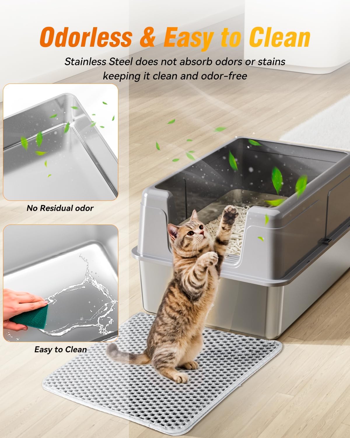 Cat litter box system with stainless steel pan, cat standing on a mat, and text highlighting odorless and easy-to-clean features at Pet Servo