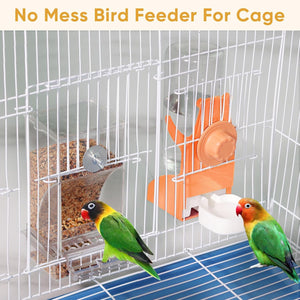 Bird feeder for a cage with birds perched on it, featuring text 'No Mess Bird Feeder For Cage' at Pet Servo