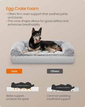 Dog lying on an egg crate foam pet bed with text highlighting its benefits at Pet Servo