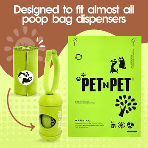 Green pet poop bag dispenser with packaging and text on a brown and green background