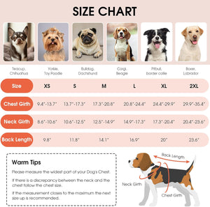 Dog size chart with images of dogs and measurements at Pet Servo