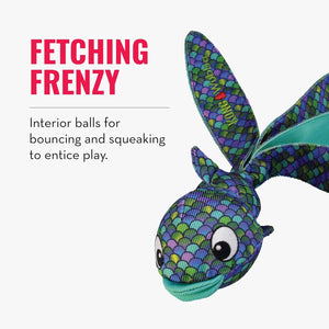 Toy fish with colorful pattern on a white background, featuring text about its features at Pet Servo