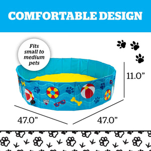 Pet playpen with dimensions and features on a blue background at Pet Servo