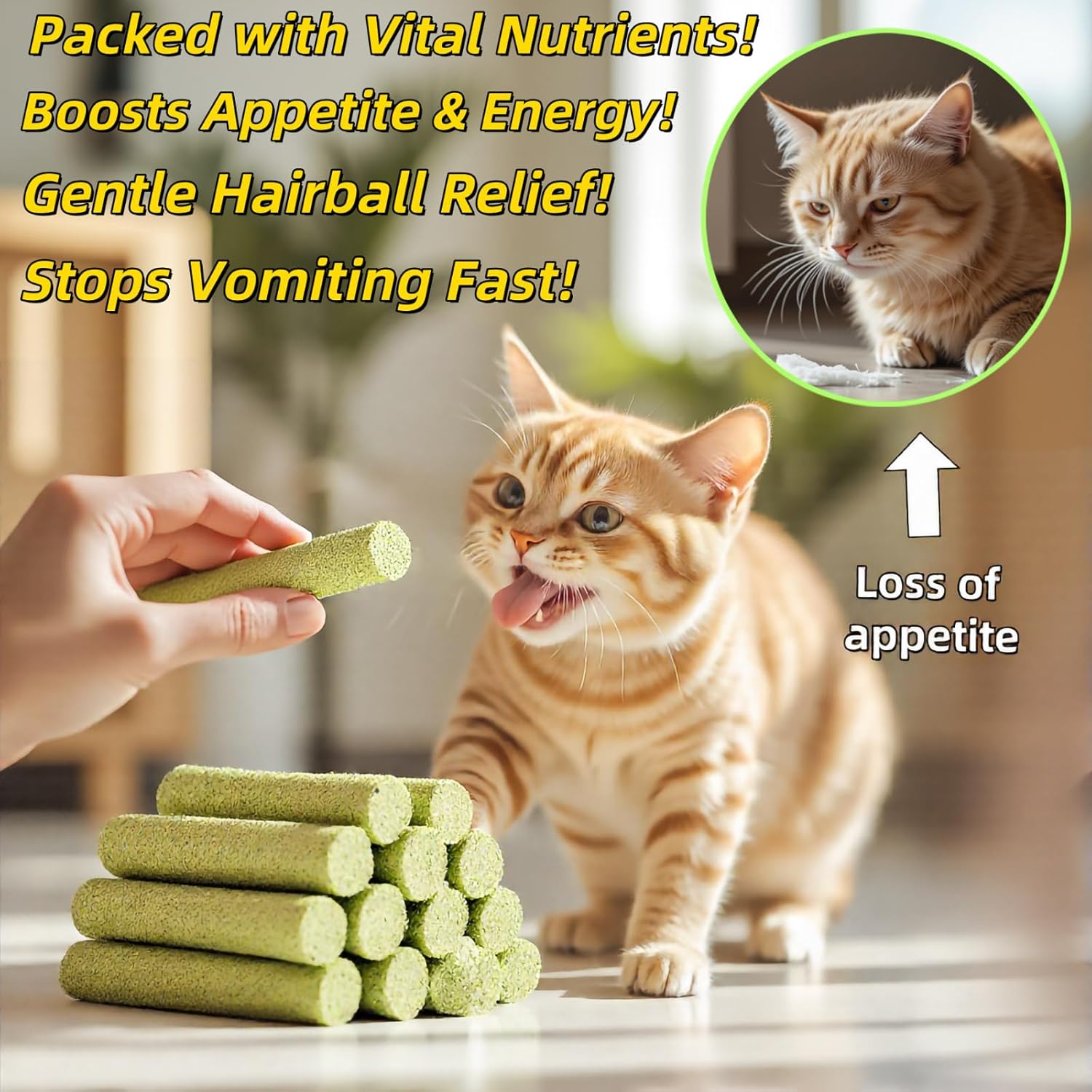 Cat being offered a green cat treat with text highlighting benefits on a blurred background at Pet Servo
