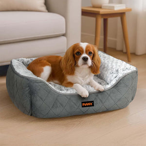 Dog lying on a gray pet bed with a 'Pawz' logo in a living room at Pet Servo
