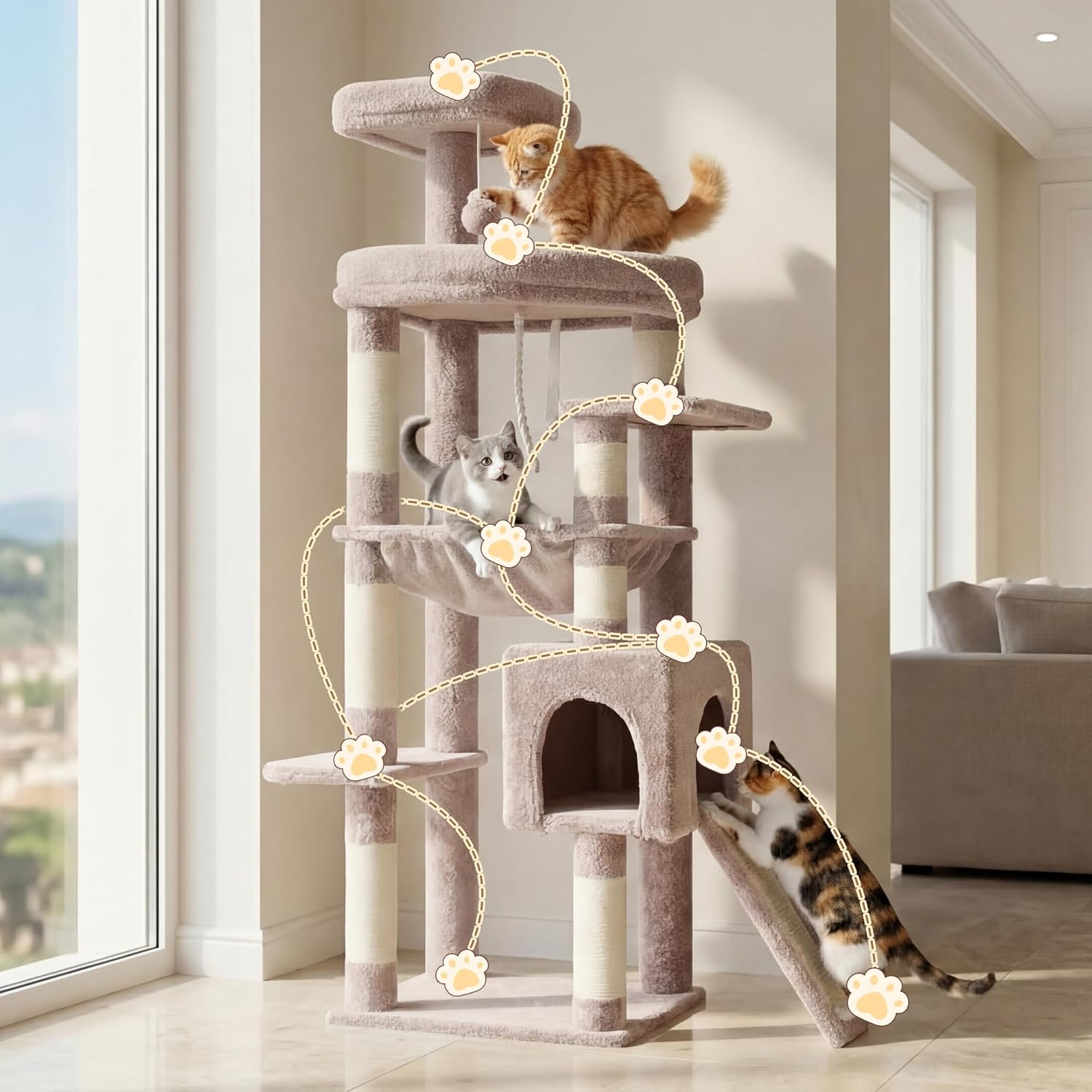 Cat tree with multiple cats in a room with large windows at Pet Servo