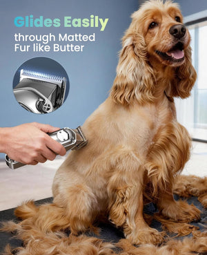 Dog being groomed with a grooming tool, text 'Glides Easily through Matted Fur like Butter' on a blue background at Pet Servo