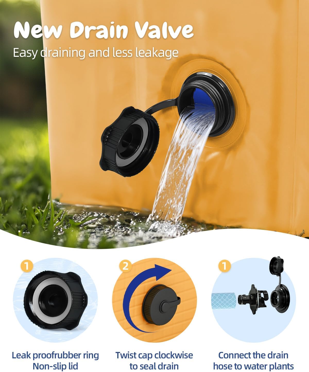 Orange container with a black drain valve being used, showing water draining, with text and icons explaining features at Pet Servo
