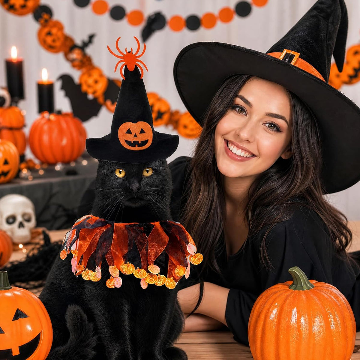 A woman and a black cat dressed in Halloween witch costumes, with pumpkins, candles, and a black bat banner in the background at Pet Servo