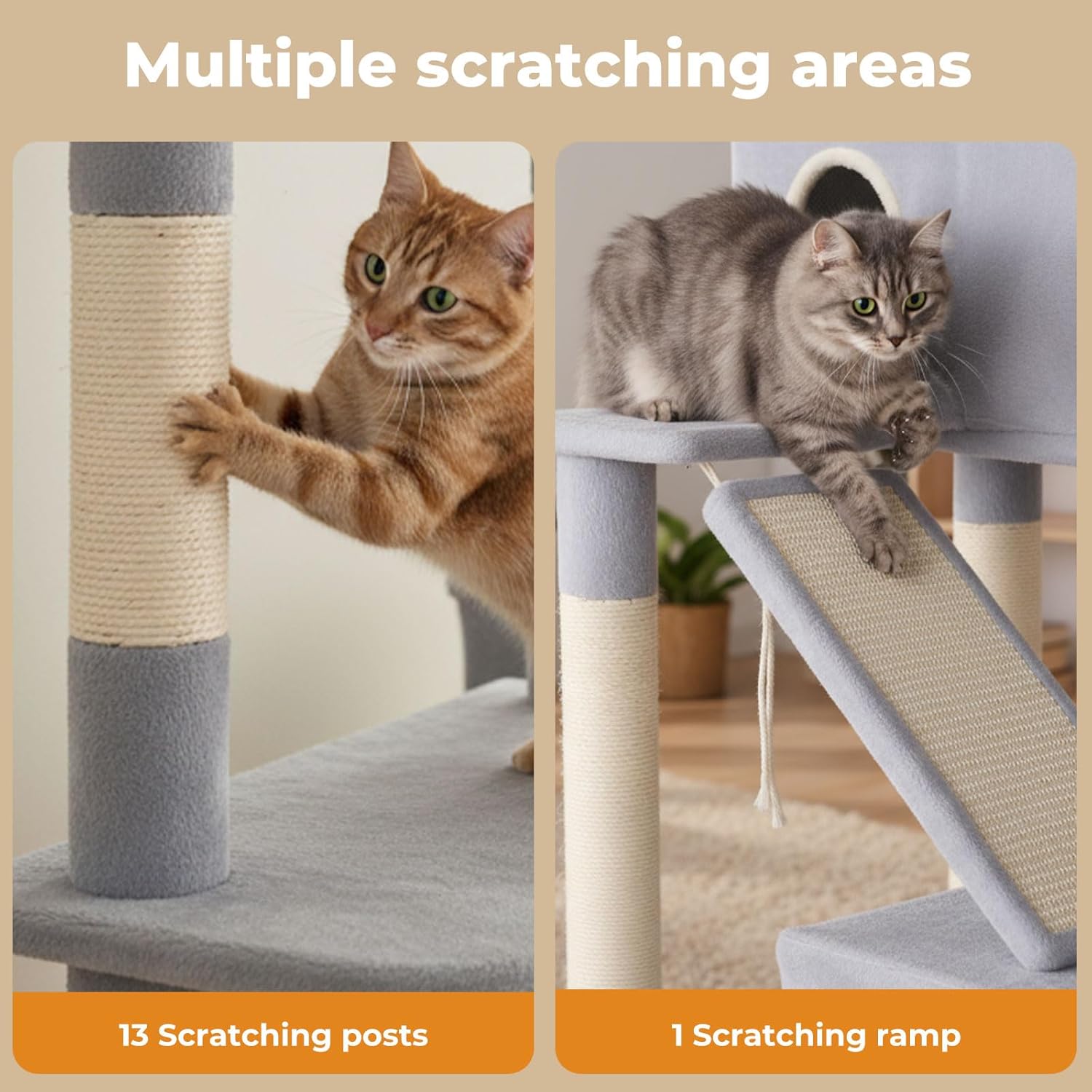 A split promotional graphic for a cat tree with two cats interacting with it. The left panel shows an orange tabby cat using a vertical scratching post, with text reading '13 Scratching posts at Pet Servo
