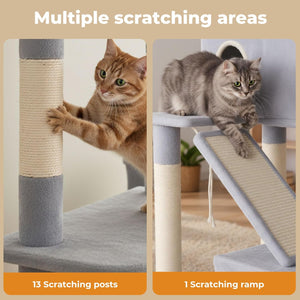 A split promotional graphic for a cat tree with two cats interacting with it. The left panel shows an orange tabby cat using a vertical scratching post, with text reading '13 Scratching posts at Pet Servo