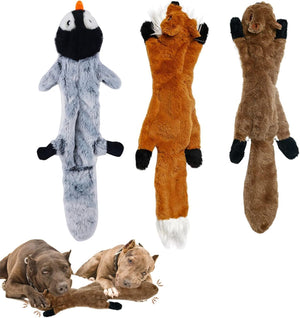Set of plush dog toys resembling animals with two dogs interacting with a toy at Pet Servo