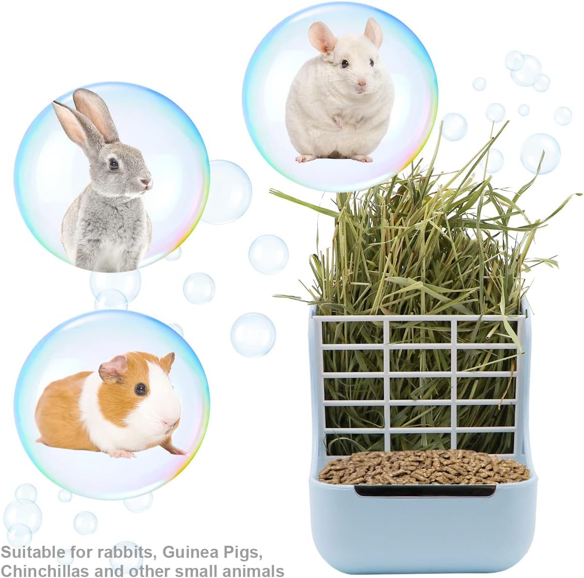 Pet feeder with hay and food, surrounded by bubbles with small animals inside at Pet Servo