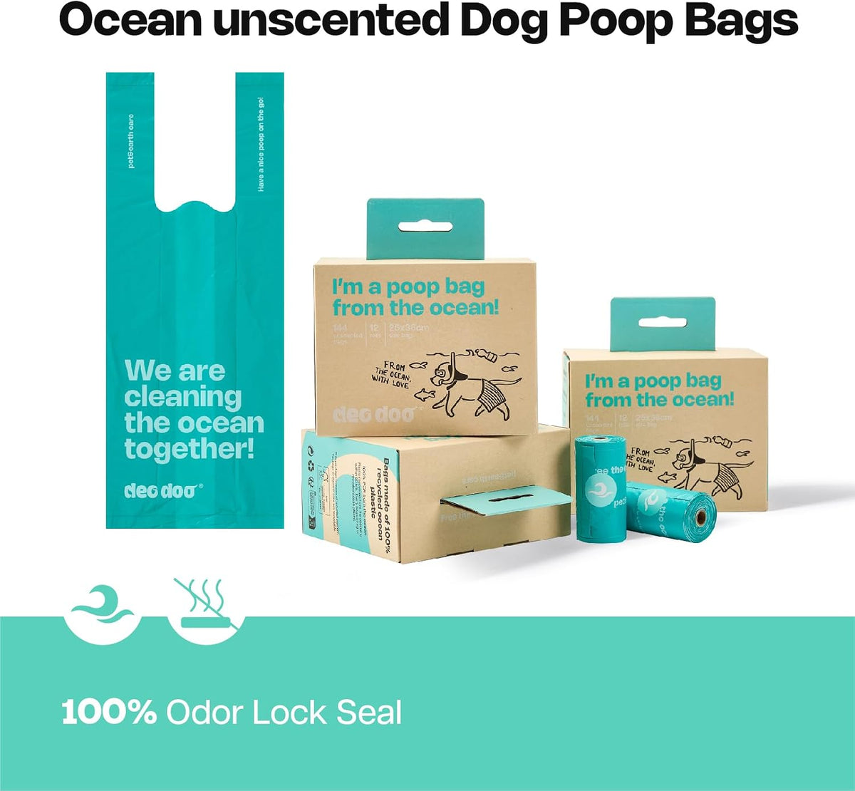 Ocean unscented dog poop bags packaging with teal and brown colors on a white background at Pet Servo