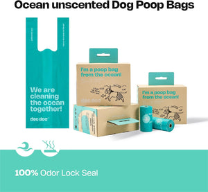 Ocean unscented dog poop bags packaging with teal and brown colors on a white background at Pet Servo