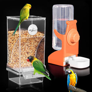 Bird feeder with seeds, water dispenser, and birds on a black background at Pet Servo