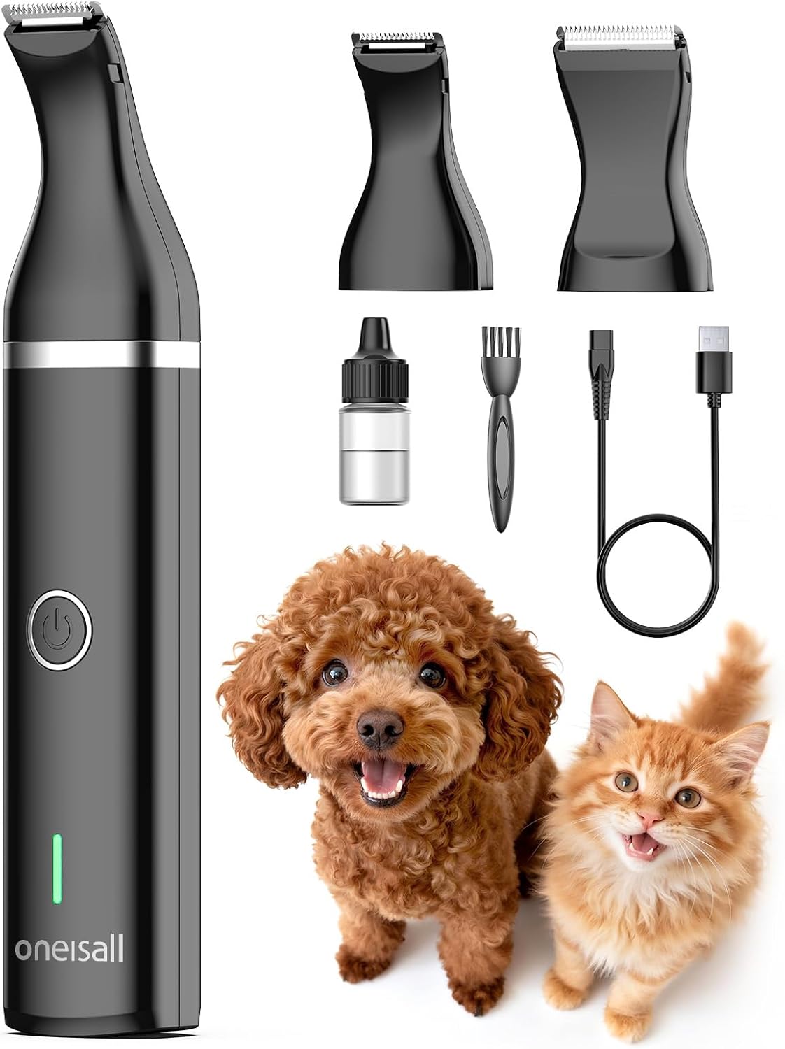 Pet grooming kit with tools and a dog and cat on a white background at Pet Servo