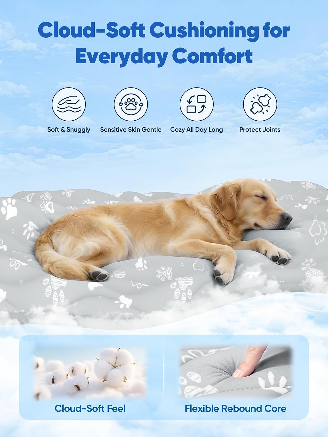 A golden retriever lies on a cloud-like gray cushion with printed floral motifs, set against a light blue sky background. Text at the top reads 'Cloud-Soft Cushioning for Everyday Comfort' with four feature icons, and two inset panels at the bottom show cotton texture and a hand pressing the cushion for 'Cloud-Soft Feel' and 'Flexible Rebound Core'.