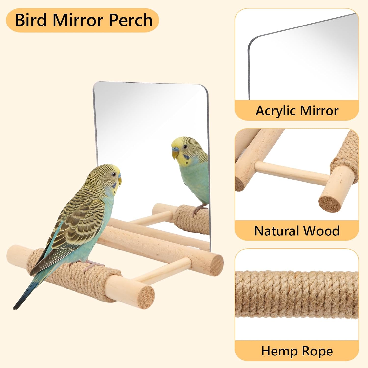 Bird mirror perch with acrylic mirror, natural wood, and hemp rope components at Pet Servo