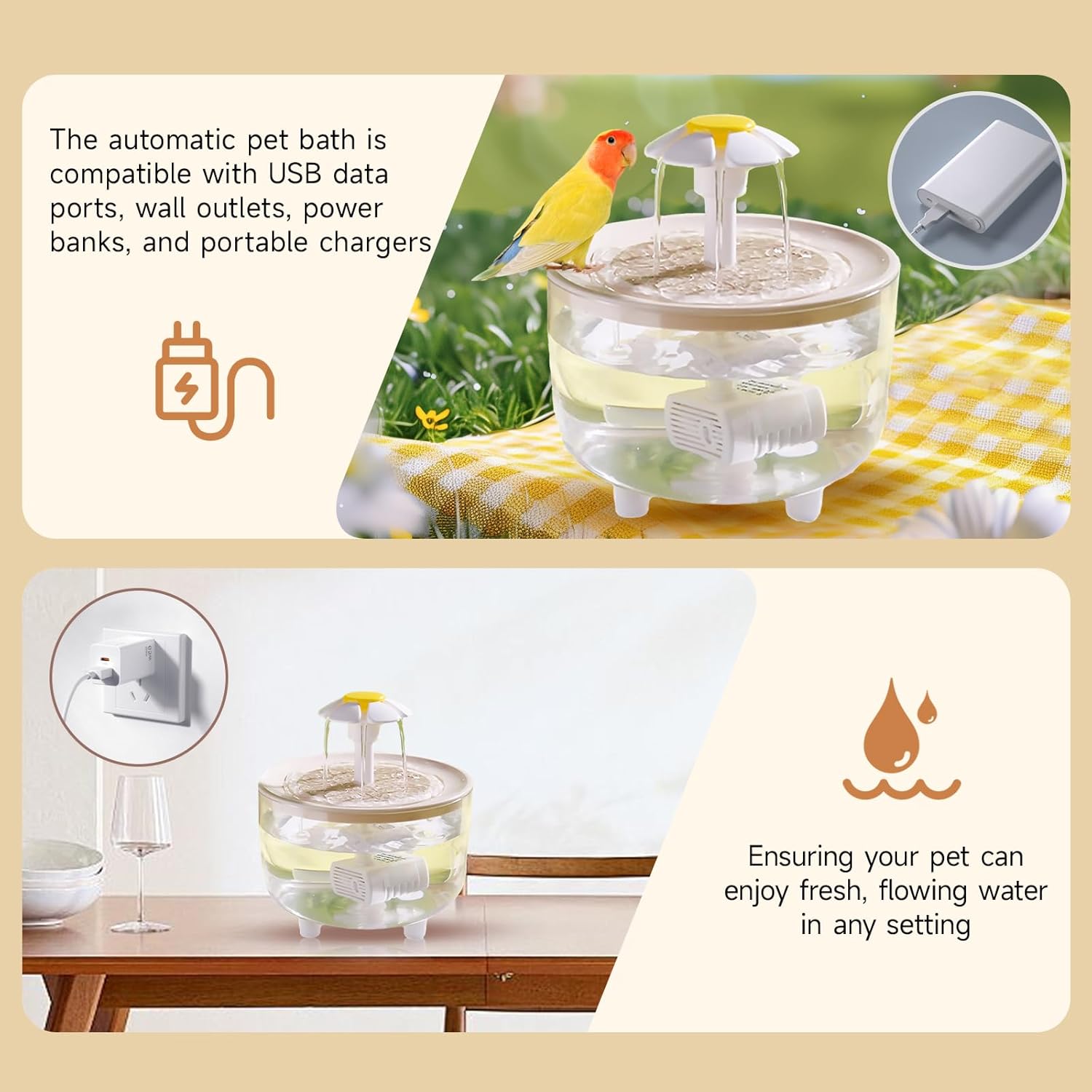 Automatic pet bath with a bird on a grassy background, featuring USB compatibility and water flow at Pet Servo