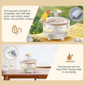 Automatic pet bath with a bird on a grassy background, featuring USB compatibility and water flow at Pet Servo